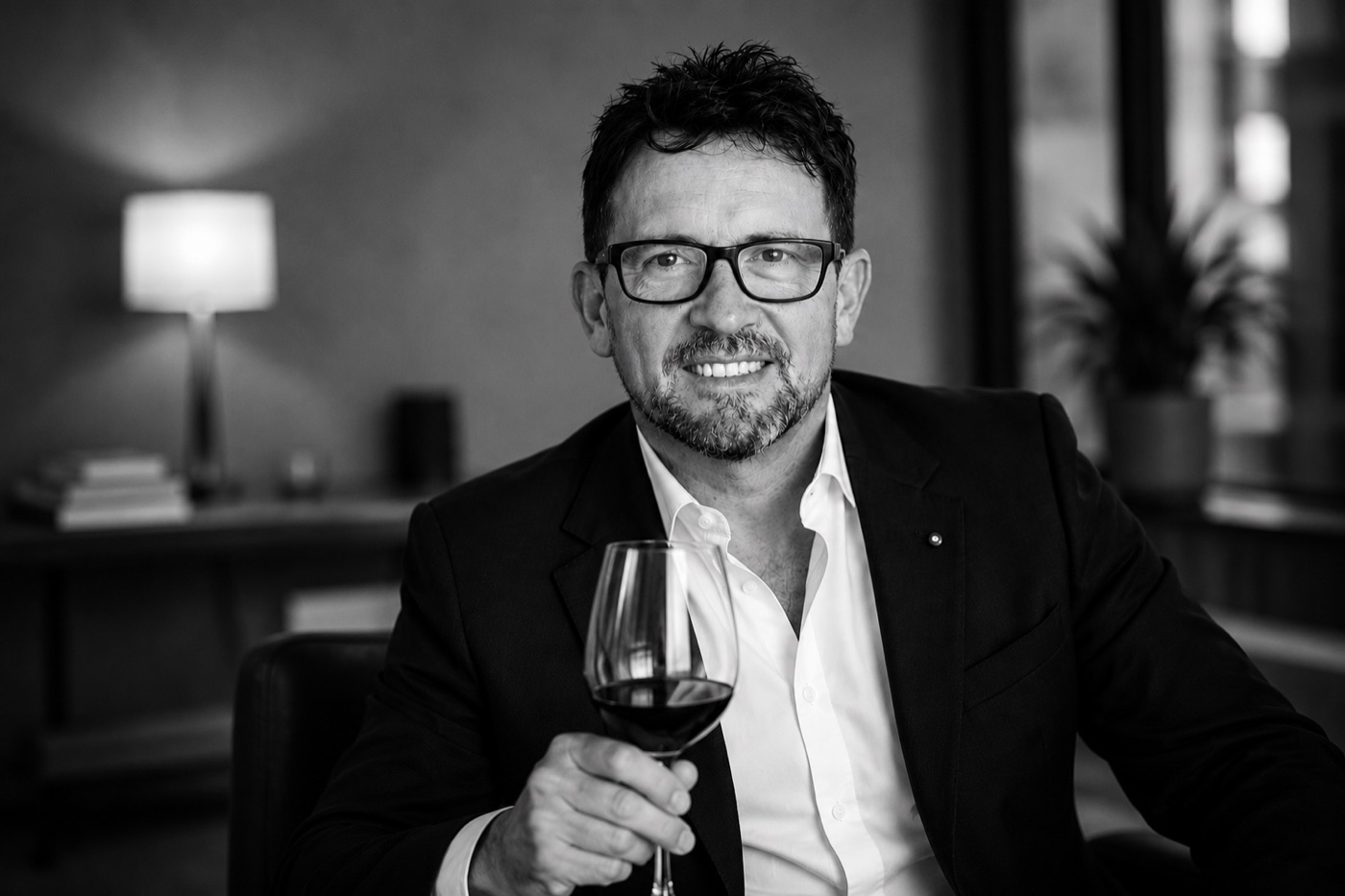 Martín Iglesias con copa de vino — CEO y cofundador de Oria Toscana, en blanco y negro