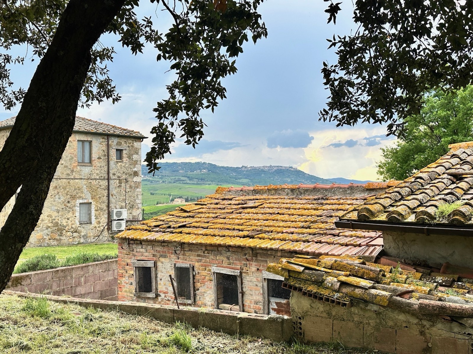 Techos rojos de teja con musgo dorado del Agriturismo Oria, con las colinas de Val d'Orcia al fondo